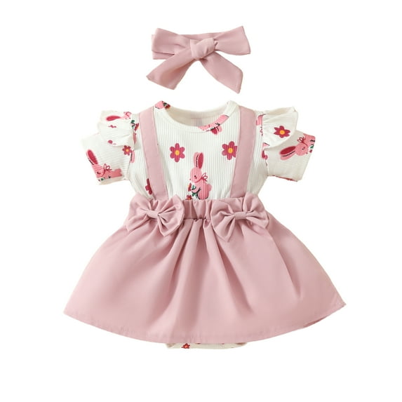 Musuos Baby Girls Easter Romper Dress 3 6 9 12 18M Short Sleeve Crewneck Floral Bunny Print Romper with Headband