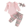 thumbnail image 1 of Musuos Baby Girls Fall Outfits 3 6 9 12 18M Solid Color Buttons Long Sleeve Rompers Plaid Long Pants Headband 3Pcs Clothes Set, 1 of 10