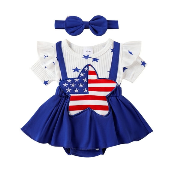 Musuos Baby Girls Fourth of July Outfits 3M 6M 9M 12M 18M Fake 2 Pieces Short Sleeve Star Romper + Headband Set Newborn Clothes