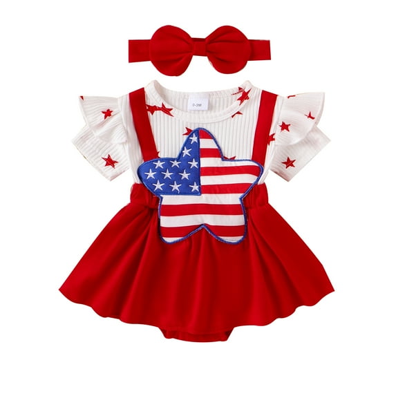 Musuos Baby Girls Fourth of July Outfits 3M 6M 9M 12M 18M Fake 2 Pieces Short Sleeve Star Romper + Headband Set Newborn Clothes