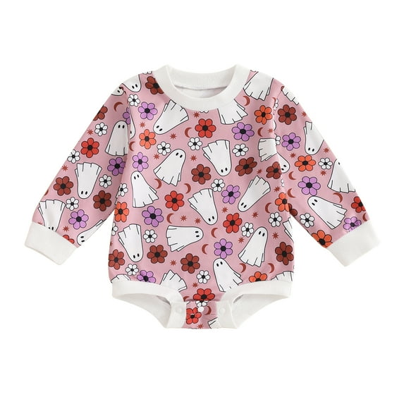 Musuos Baby Girls Halloween Romper 3 6 12 18Months Long Sleeve Crew Neck Ghost/Pumpkin Print Bodysuit Newborn Spring Fall Playsuit