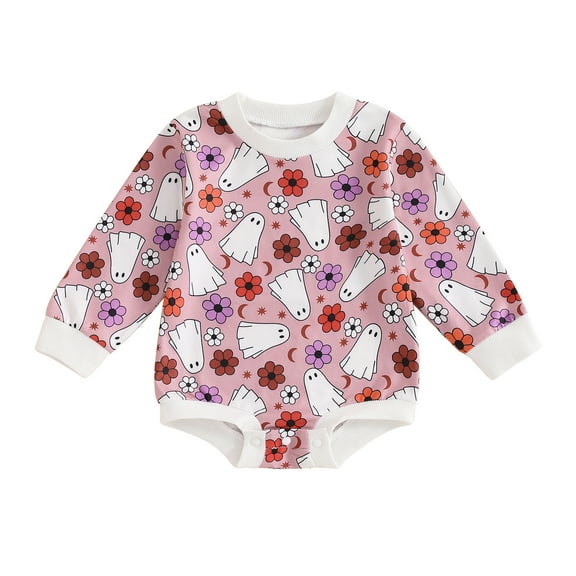 Musuos Baby Girls Halloween Romper 3 6 12 18Months Long Sleeve Crew Neck Ghost/Pumpkin Print Bodysuit Newborn Spring Fall Playsuit