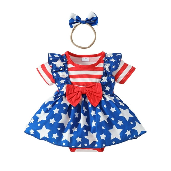 Musuos Baby Girls Independence Day Clothes Set 3 6 9 12 18Months  Flying Sleeve Stars Stripe Print Romper Dress with Bow Headband
