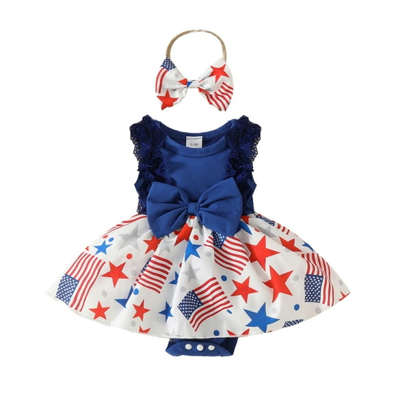 Musuos Baby Girls Independence Day Romper Dress 3 6 9 12 18Months Sleeveless Stars Print Jumpsuit with Bow Headband Summer Set