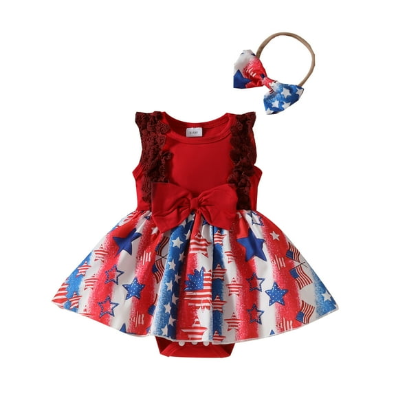 Musuos Baby Girls Independence Day Romper Dress 3 6 9 12 18Months Sleeveless Stars Print Jumpsuit with Bow Headband Summer Set