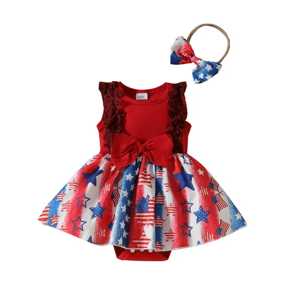 Musuos Baby Girls Independence Day Romper Dress 3 6 9 12 18Months Sleeveless Stars Print Jumpsuit with Bow Headband Summer Set