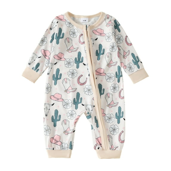 Musuos Baby Girls Long Sleeve Jumpsuit 0-24Months Cattle Head/Cow/Cactus Print Oblique Zipper Romper for Sping Fall