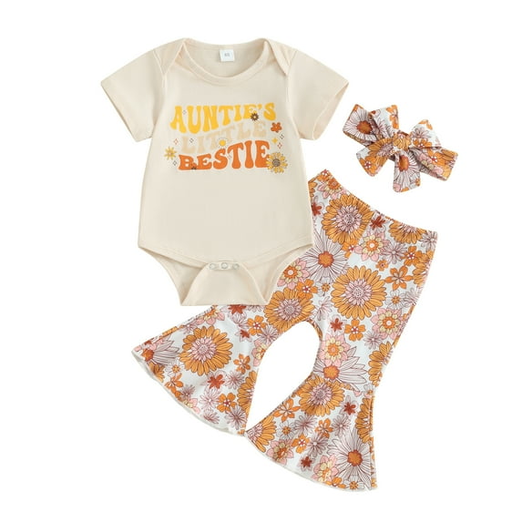 Musuos Baby Girls Pants Outfits 3M 6M 12M 18M Letter Print Short Sleeve Romper with Flower Pattern Flare Trousers and Heaband Set