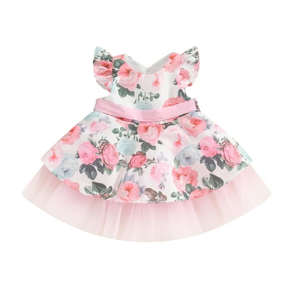 Musuos Baby Girls Princess Tutu Dress 6M 12M 18M 24M 3Y 4Y Lace Patchwork Flying Sleeve Bowknot Floral Print Sundress