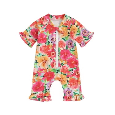 Musuos Baby Girls Rash Guard Swimsuit Rompers 0-18M Half Sleeve Floral Print Ruffles Zipper Infant Bathing Suit Swimwear