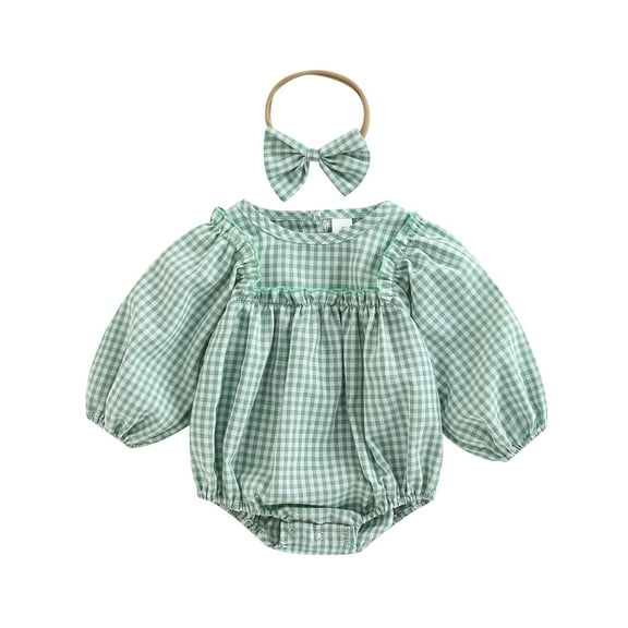 Musuos Baby Girls Romper 3 6 12 18M Casual Plaid Round Neck Lantern Long Sleeve Jumpsuits with Headband, Toddler Clothes
