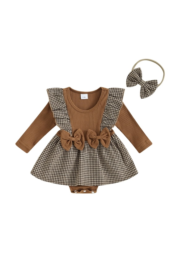 Baby Girls Romper Dress 3 6 12 18M Long Sleeve Ruffle Houndstooth Print Patchwork Romper with Headband