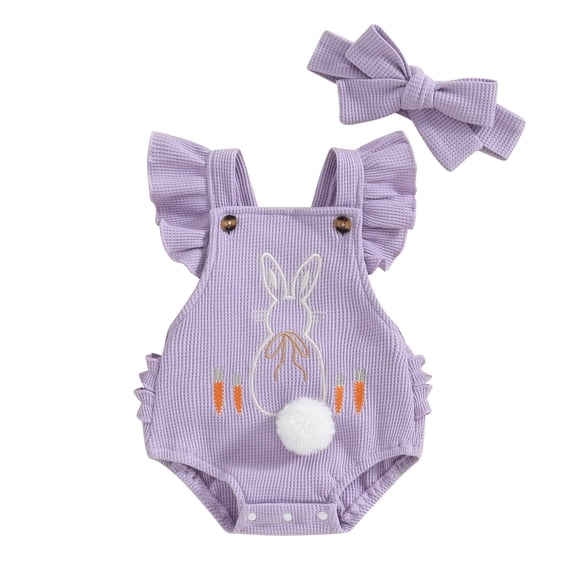 Musuos Baby Girls Rompers 3 6 12 18M Bunny Carrot Embroidery Fly Sleeve Frills Backless Easter Clothes Bodysuits with Headband
