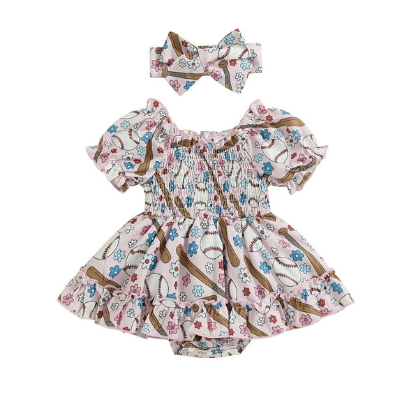 Musuos Baby Girls Rompers Dress 3M 6M 12M 18M Baseball/Floral Print Short Sleeve Skirt Hem Bodysuits Summer Clothes with Headband