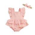thumbnail image 1 of Musuos Baby Girls Rompers Dress 6M 9M 12M 18M Solid Color Fly Sleeve Skirt Hem Infant Bodysuits Summer Clothes with Headband, 1 of 9
