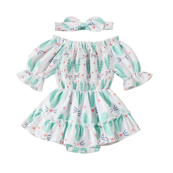 Musuos Baby Girls Rompers Dress Rabbit Print Short Sleeve Boat Neck Ruched Skirt Hem Infant Bodysuits Easter Clothes with Headband