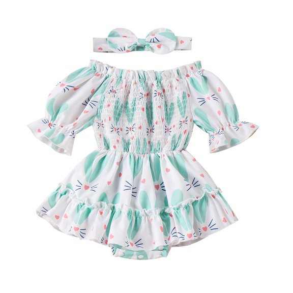 Musuos Baby Girls Rompers Dress Rabbit Print Short Sleeve Boat Neck Ruched Skirt Hem Infant Bodysuits Easter Clothes with Headband