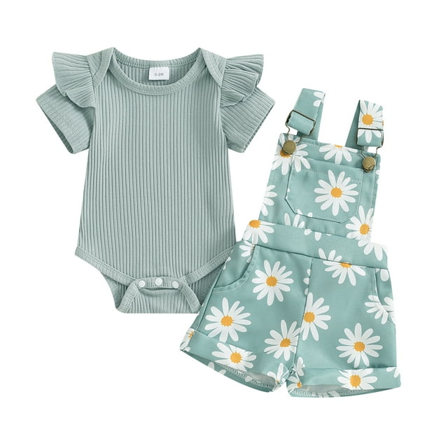Musuos Baby Girls Shorts Set, 0-18M Short Sleeve Romper with Flower Print Adjustale Suspender Shorts Newborn Girls Cute Summer Outfit