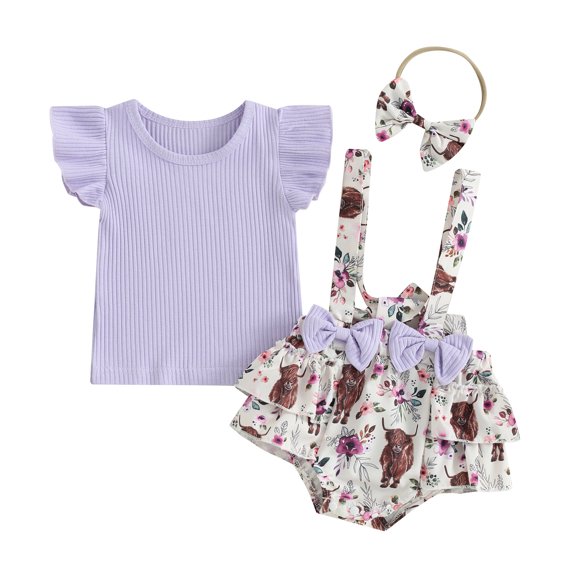 Musuos Baby Girls Shorts Set, 3 6 12 18M Fly Sleeve T-shirt with Flower Print Suspender Shorts and Headband Summer Outfit