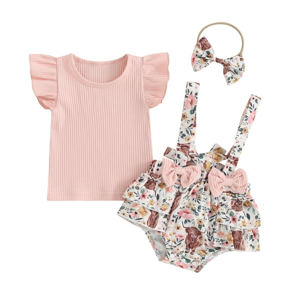 Musuos Baby Girls Shorts Set, 3 6 12 18M Fly Sleeve T-shirt with Flower Print Suspender Shorts and Headband Summer Outfit