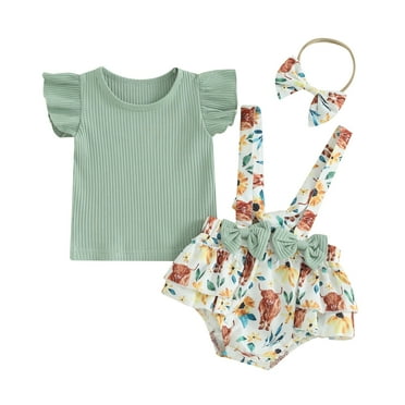 Musuos Baby Girls Shorts Set, 3 6 12 18M Fly Sleeve T-shirt with Flower Print Suspender Shorts and Headband Summer Outfit