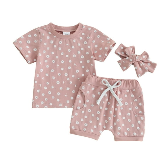 Musuos Baby Girls Shorts Set, 6 12 18 24M 3T Floral Short Sleeve T-shirt with Shorts and Hairband Summer Outfit