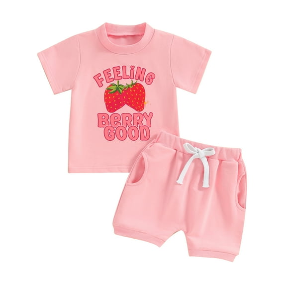 Musuos Baby Girls Shorts Set, 6 12 18 24M 3T Short Sleeve Letters Strawberry Print T-shirt with Elastic Waist Shorts