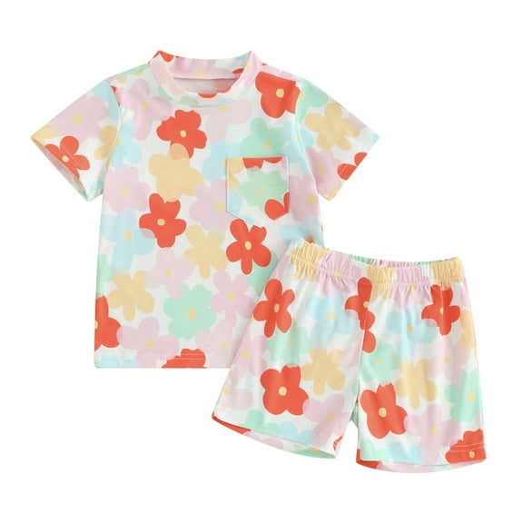 Musuos Baby Girls Shorts Set, 6 12 18 24M Flower Print Short Sleeve T-shirt with Elastic Waist Shorts Summer 2-piece Outfit