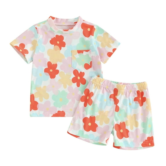 Musuos Baby Girls Shorts Set, 6 12 18 24M Flower Print Short Sleeve T-shirt with Elastic Waist Shorts Summer 2-piece Outfit