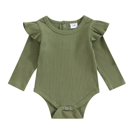 Musuos Baby Girls Spring Fall Basic Rompers 0-24 Months Long Sleeve Crew Neck Solid Color Ruffle Ribbed Bodysuit