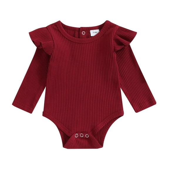 Musuos Baby Girls Spring Fall Basic Rompers 0-24 Months Long Sleeve Crew Neck Solid Color Ruffle Ribbed Bodysuit