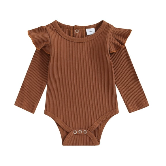 Musuos Baby Girls Spring Fall Basic Rompers 0-24 Months Long Sleeve Crew Neck Solid Color Ruffle Ribbed Bodysuit