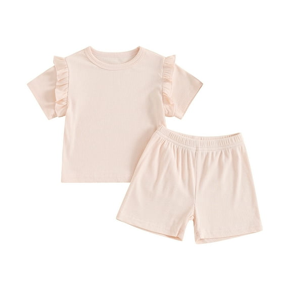 Musuos Baby Girls Summer 2 Piece Outfit 3 6 12 18 24M Crew Neck Ruffles Short Sleeve T-Shirt and Elastic Shorts Set Casual Clothes