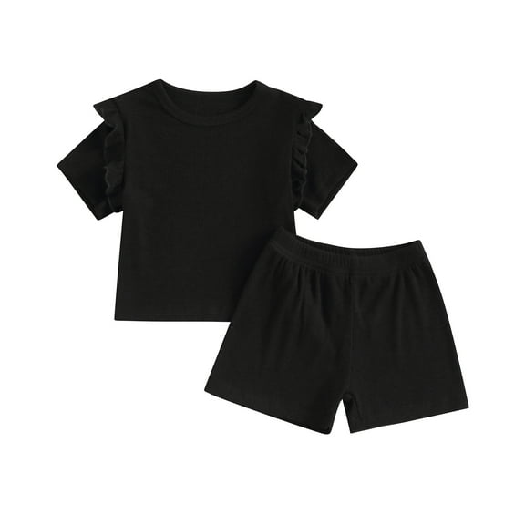 Musuos Baby Girls Summer 2 Piece Outfit 3 6 12 18 24M Crew Neck Ruffles Short Sleeve T-Shirt and Elastic Shorts Set Casual Clothes