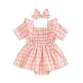 thumbnail image 1 of Musuos Baby Girls Summer 2 Piece Set, 3 6 12 18 24Months Square Neck Short Sleeve Frill Trim Plaid Romper Dress + 3D Bow Headband Set, 1 of 10