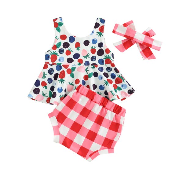 Musuos Baby Girls Summer 3PCS Shorts Sets 6 12 18 24M 3Y Sleeveless Crew Neck Baseball/Fruit Print Tank Tops PP Shorts Headband Sets
