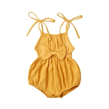 Musuos Baby Girls Summer Bodysuit, 6 12 18 24M Solid-Color Tied Spaghetti Strap Sleeveless Romper with Waist Bowknot for Toddlers