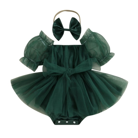 Musuos Baby Girls Summer Casual Romper Dress 6 12 18 24M Short Sleeve Bow Tulle Romper with Headband