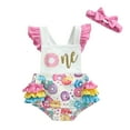 thumbnail image 1 of Musuos Baby Girls Summer Casual Romper Sleeveless Ruffle Donut Print Playsuit with Headband, 1 of 9