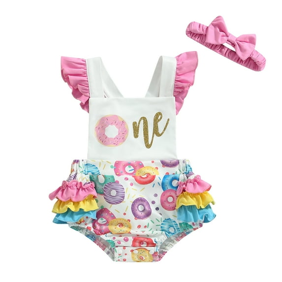 Musuos Baby Girls Summer Casual Romper Sleeveless Ruffle Donut Print Playsuit with Headband