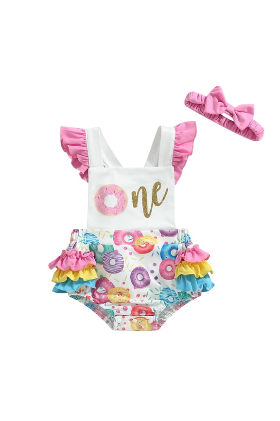 Baby Girls Summer Casual Romper Sleeveless Ruffle Donut Print Playsuit with Headband