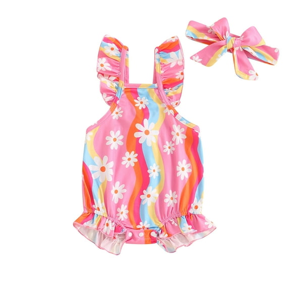 Musuos Baby Girls Summer Cute Romper 3-24Months Flying Sleeve Floral/Strawberry Print Bodysuit with Headband