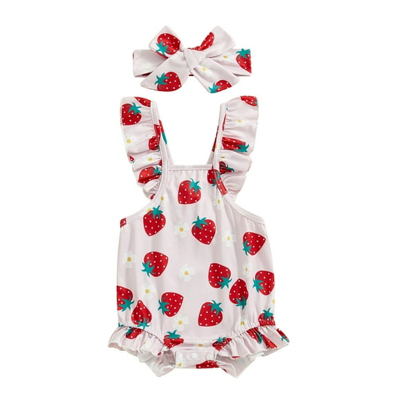 Musuos Baby Girls Summer Cute Romper 3-24Months Flying Sleeve Floral/Strawberry Print Bodysuit with Headband