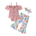 thumbnail image 1 of Musuos Baby Girls Summer Jumpsuits Set 6 12 18 24M 3T Button Short Sleeves Romper and Cow Head Flower Print Elastic Flare Pants Headband, 1 of 10