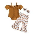 thumbnail image 1 of Musuos Baby Girls Summer Jumpsuits Set 6 12 18 24M 3T Button Short Sleeves Romper and Cow Head Flower Print Elastic Flare Pants Headband, 1 of 10