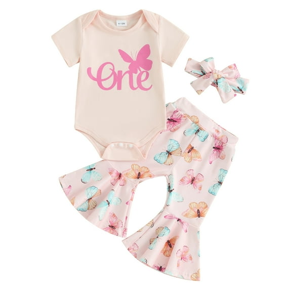 Musuos Baby Girls Summer Outfit, 12 18M Short Sleeve Letters Print Romper Butterfly Flare Pants Headband One Year Old Birthday Outfit