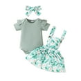 thumbnail image 1 of Musuos Baby Girls Summer Outfit 3 6 9 12 18M Short Sleeves Ribbed Rompers and Floral Suspender Skirt Headband 3 Piece Clothes Set, 1 of 10