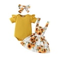 thumbnail image 1 of Musuos Baby Girls Summer Outfit 3 6 9 12 18M Short Sleeves Ribbed Rompers and Floral Suspender Skirt Headband 3 Piece Clothes Set, 1 of 10