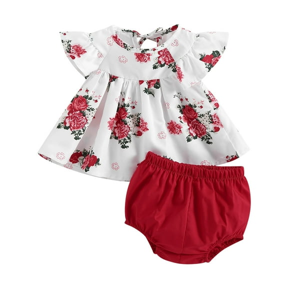 Musuos Baby Girls Summer Outfit Sets 3M 6M 9M 12M 2YShort Sleeve O Neck Floral A-Line Hem Tops + Solid Color PP Shorts