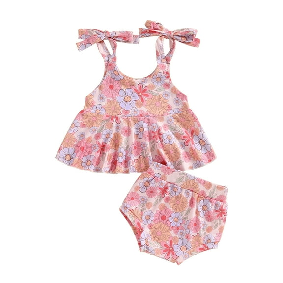 Musuos Baby Girls Summer Outfits 3 6 12 18 24Months Floral Print Bandage Straps A-line Hem Camisole and PP Shorts Set Cute Clothes